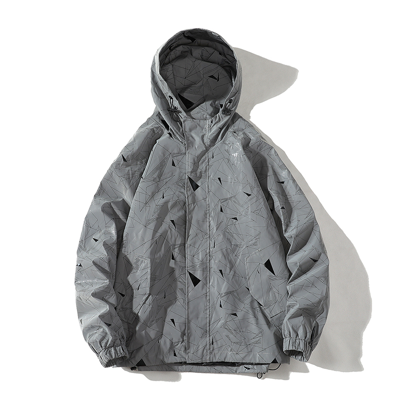 YUANSU秋季3M反光男士连帽防风衣飞行员夹克潮牌大码几何图案外套风衣