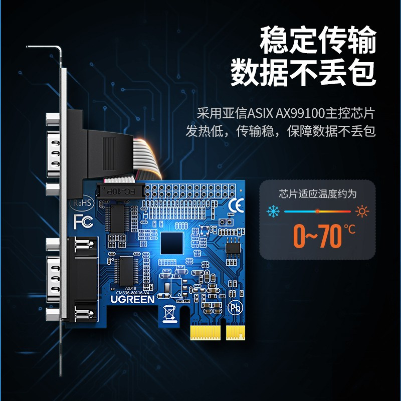 绿联(UGREEN)PCI-E转RS232双串口转接卡 PCI转COM串口9针接口扩展卡rs232多串口 80116