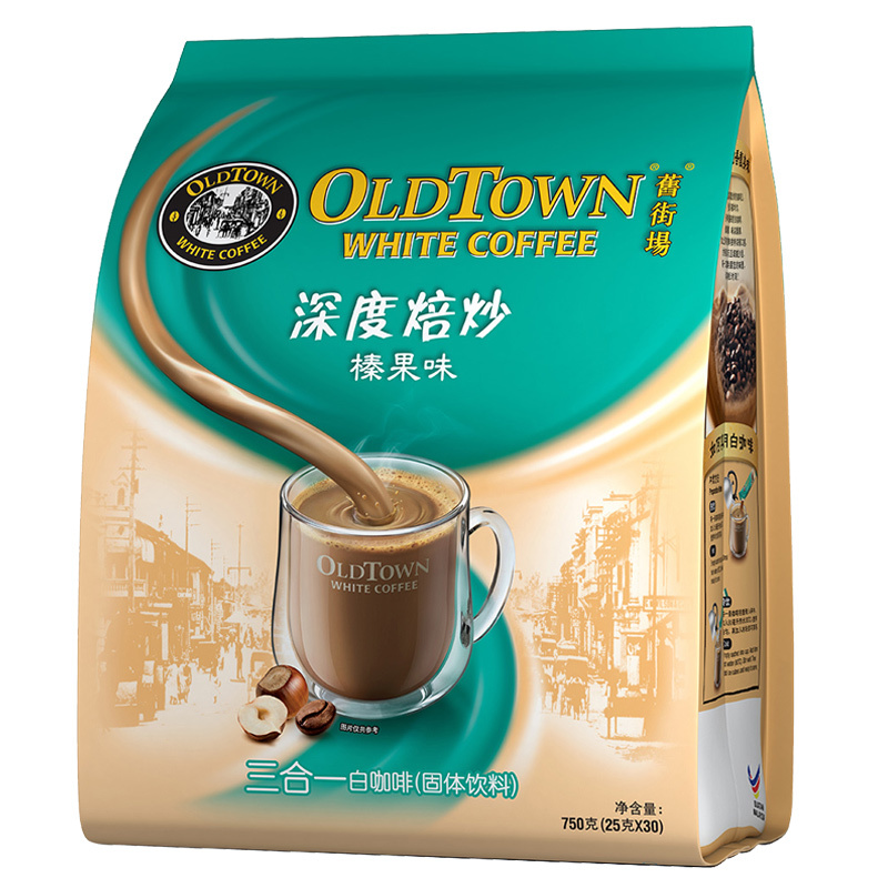 马来西亚进口旧街场深度焙炒三合一榛果味白咖啡袋装30条750克速溶咖啡粉