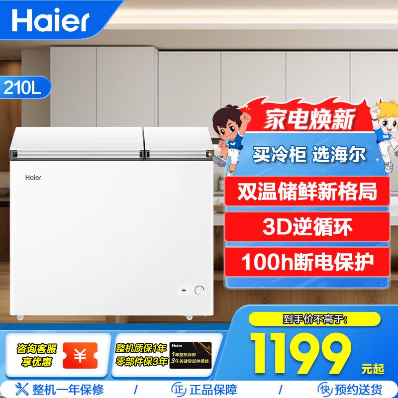 海尔(Haier)210升卧式冰柜冷柜 大冷冻小冷藏冰箱 双温储鲜双重抗菌 100h断电保护 FCD-210GHXD图片