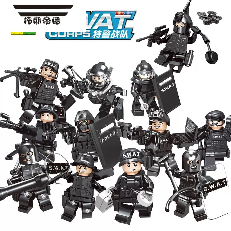 拓斯帝诺警察积木男孩益智拼装防暴特警部队小人仔儿童军事公仔玩具车