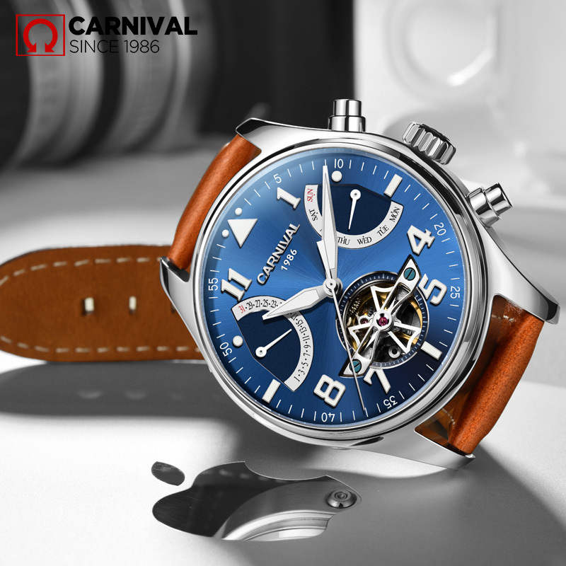 嘉年华Carnival手表大表盘男士全自动机械表 男真皮表带商务针扣腕表夜光防水休闲时尚大气魅力型男必备8783G黄皮高清大图