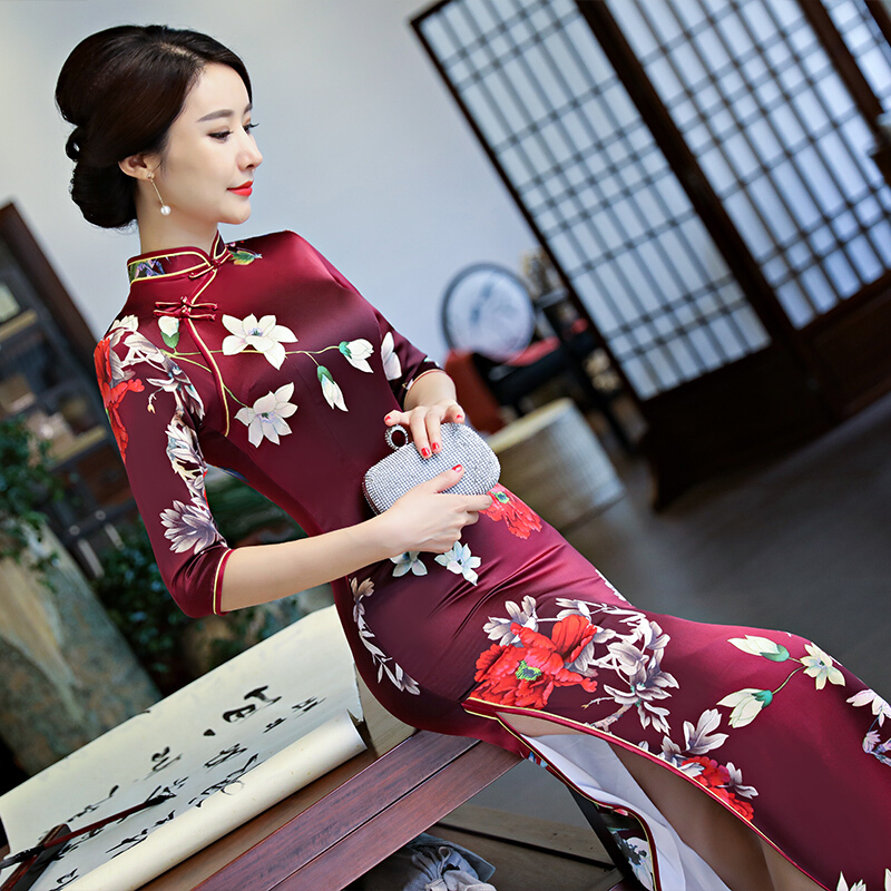 中袖旗袍长款2018新款女七分袖秋冬优雅修身大码改良真丝走秀旗袍