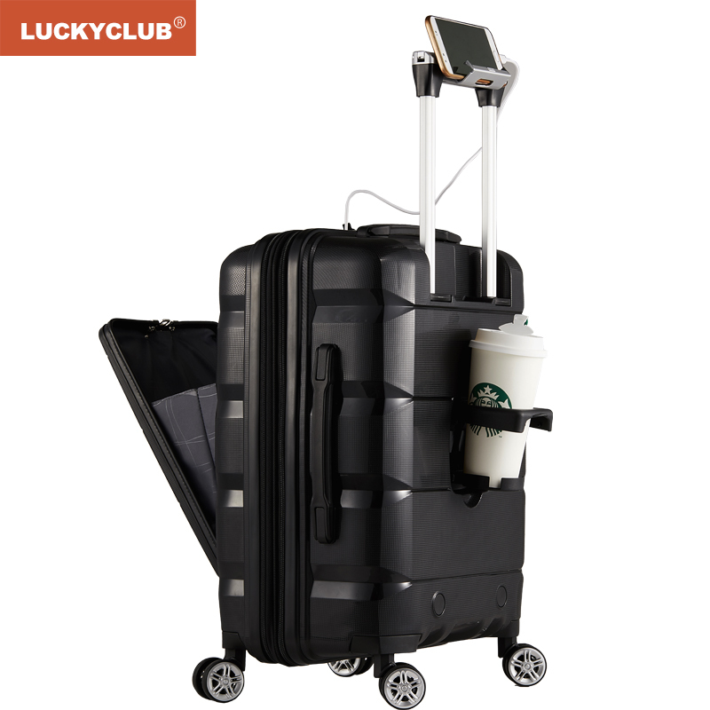 LUCKY CLUB 行李箱男女拉杆箱万向轮短途出差旅行商务密码多功能电脑高颜值登机箱子 拉链主仓至酷黑 20英寸子母箱高清大图