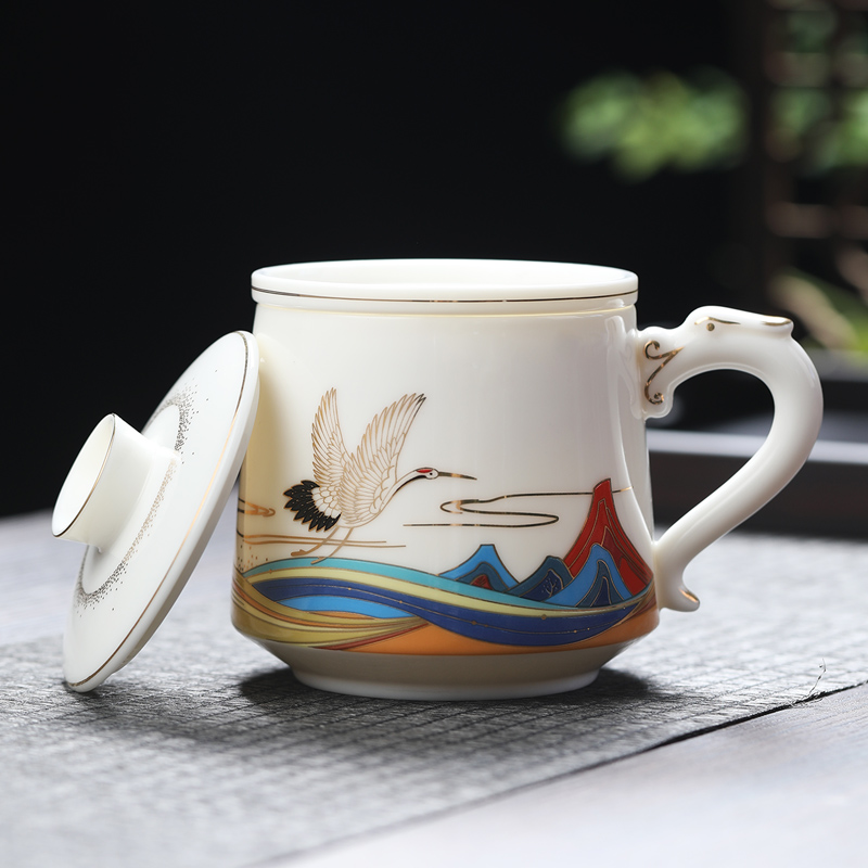 元青茶杯(MULTIPOTENT)玉瓷办公杯陶瓷带盖滤芯茶水分离过滤茶杯德化白瓷会议室水杯银鹤龙水杯礼盒装高清大图