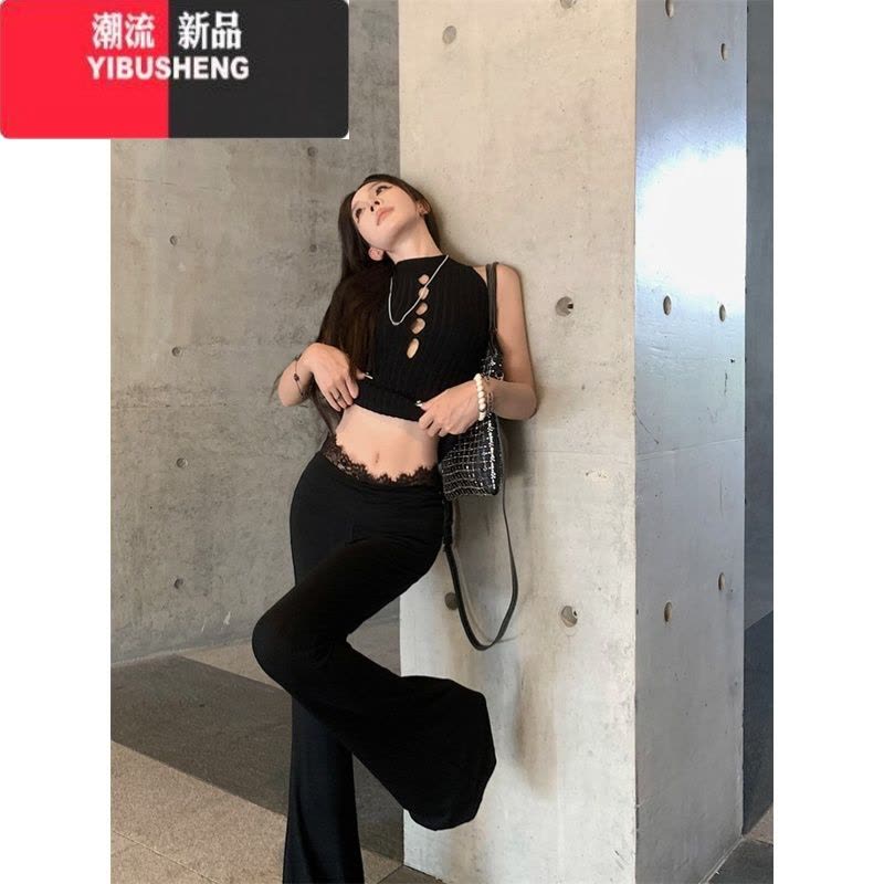 YIBUSHENG黑色蕾丝微喇叭休闲裤女季新款高腰修身阔腿裤小个子拖地长裤子图片