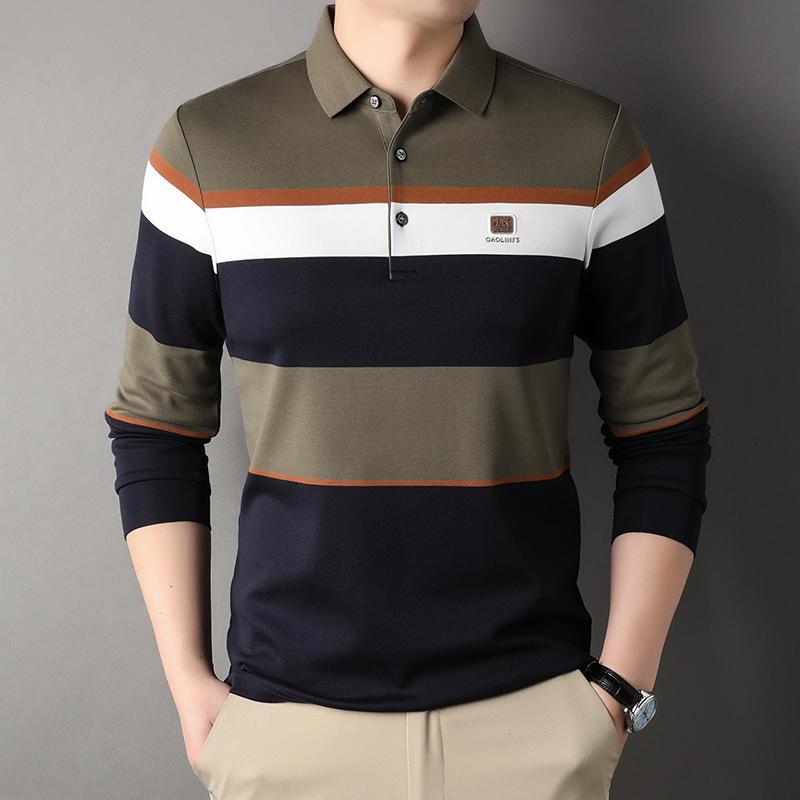 恒源祥男装服饰条纹长袖男士t恤翻领商务休闲大码中年体恤秋款