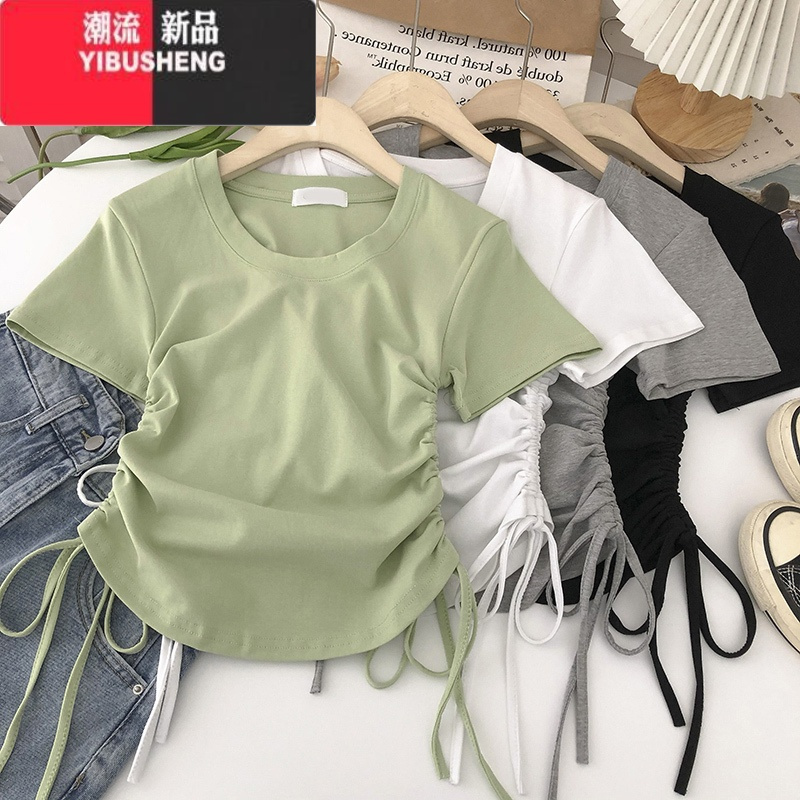 YIBUSHENG双侧边系带褶皱感短袖T恤女2024季新款修身韩版小个子短款上衣