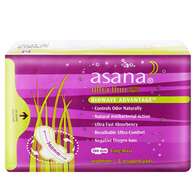 阿莎娜asana 加拿大原装进口超薄棉面360加强型夜用卫生巾5p