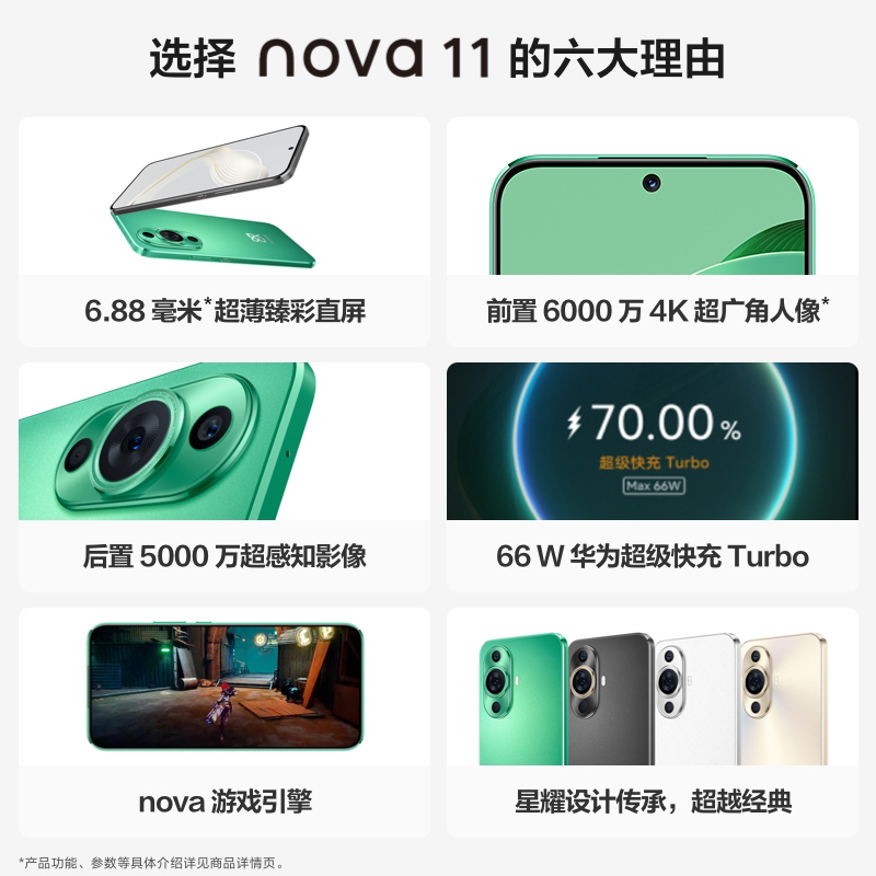 华为/HUAWEI nova 11 256GB 11号色 6.88毫米超薄臻彩直屏 前置6000万4K超广角人像 后置5000万超感知影像 移动联通电信全网通手机含66W快充套装