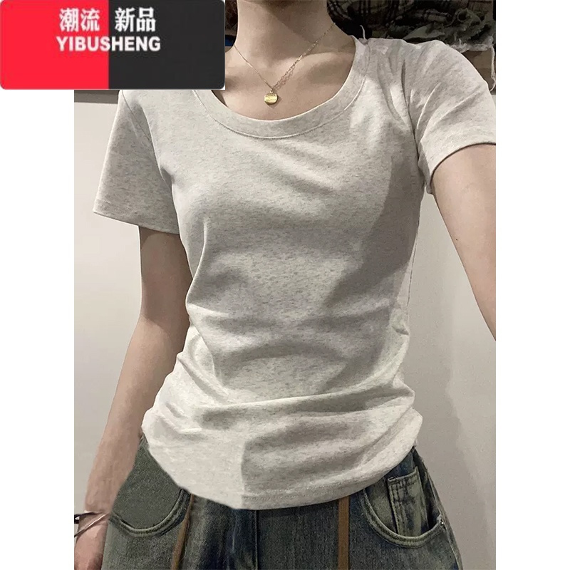 YIBUSHENG大码正肩短袖t恤女季2024新款显瘦体恤白色内搭高级感休闲上衣