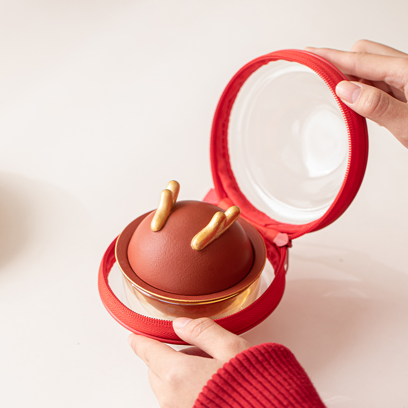 苏氏陶瓷(SUSHI CERAMICS)描金万事兴龙快客杯礼盒便捷旅行包茶具高清大图