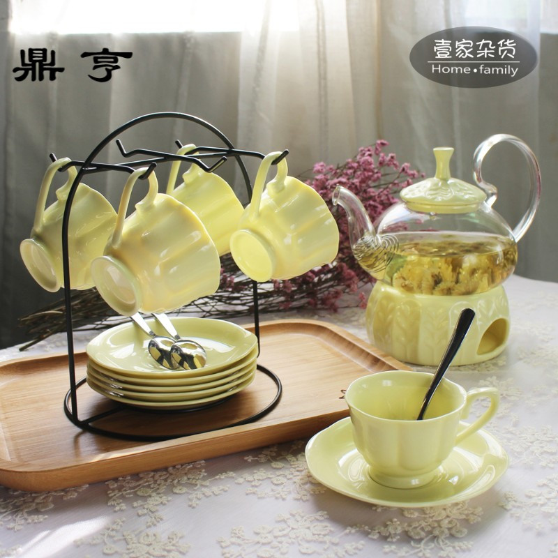 鼎亨花茶具套装可加热玻璃壶下午茶具带过滤保温底座花茶杯碟糖果