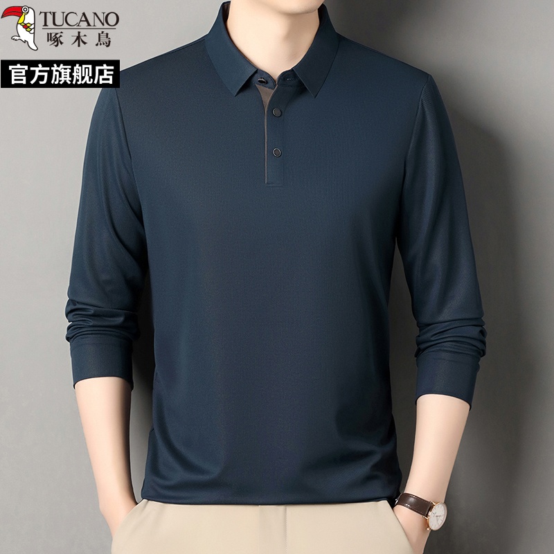 啄木鸟2025春秋季新款商务休闲长袖翻领polo衫男中年爸爸衫爸高清大图
