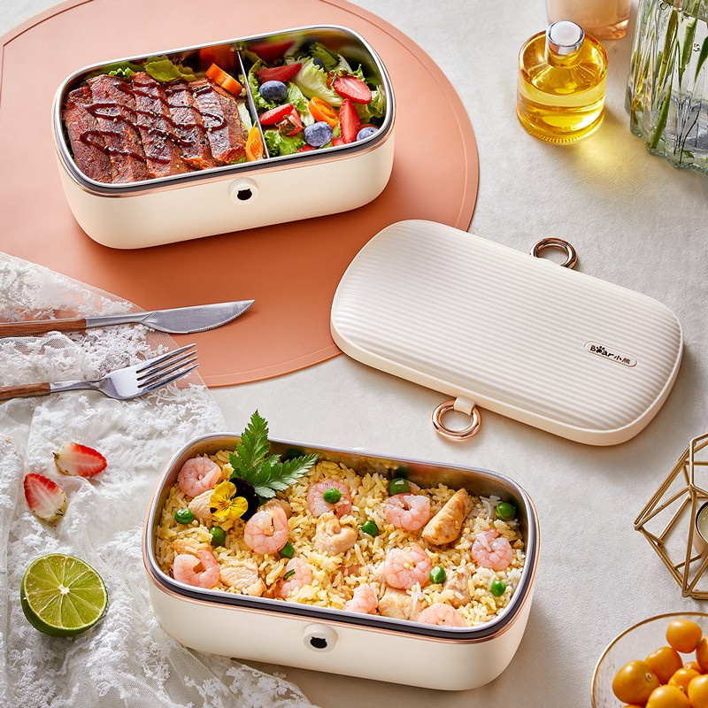 小熊(Bear)电热饭盒 0.9L 便携保温可加热饭盒静音 不锈钢内胆 自热饭盒 免加水 轻音 白色