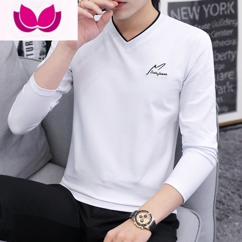 七斓男士秋装上衣2023秋v领t恤长袖修身男装内搭秋季打底衫潮流体恤丅图片