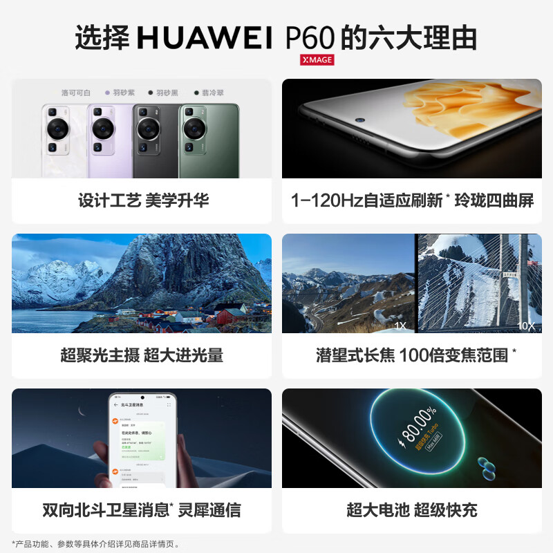 华为P60手机超聚光XMAGE影像双向北斗卫星256GB羽砂黑鸿蒙(含颈挂式无线耳机)高清大图