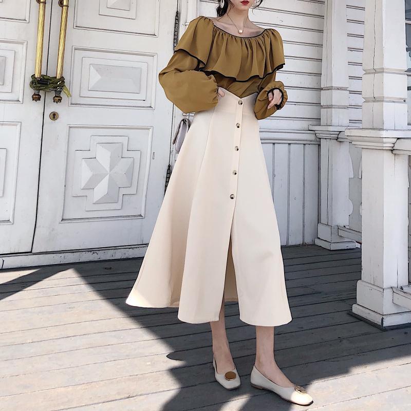 夏装2018新款女风百搭高腰显瘦中长裙气质纯色排扣半身裙伞裙杏色均码