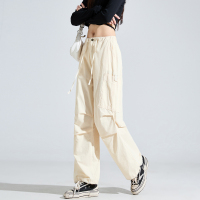 唐狮灰色工装裤女2024秋季新款休闲宽松直筒大口袋美式阔腿长裤kz_87805 L 米白