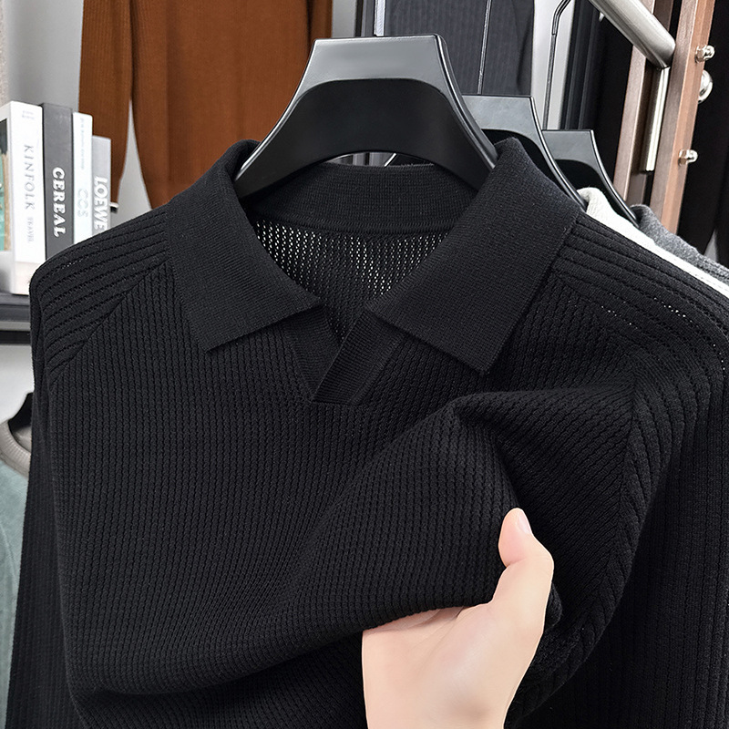 菠萝纹海鸥领纯棉针织衫男长袖t恤2025秋季新款舒适透气男士毛衣高清大图