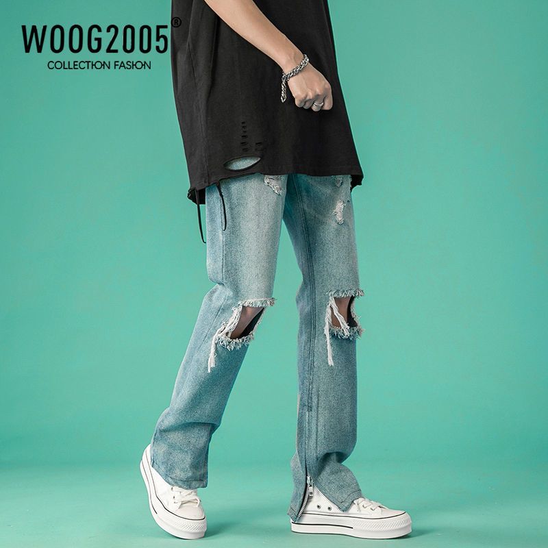 WOOG2005开叉拉链牛仔裤男小众设计感破洞微喇工装裤美式vibe裤
