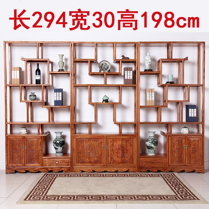 博古架实木多宝阁中式仿古家具榆木茶叶展示陈列柜客厅隔断置物架 三组合寿字博古架_1米以下