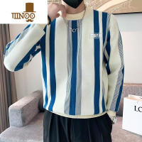 YANXU百搭撞色蓝杏竖条纹男士长袖卫衣男新款潮流圆领针织衫男港风毛衣