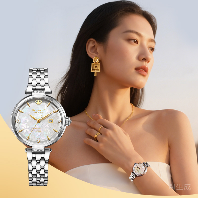 天王表金标送福18K金皇冠logo女表时尚小花瓣机械表钢带腕表51176高清大图