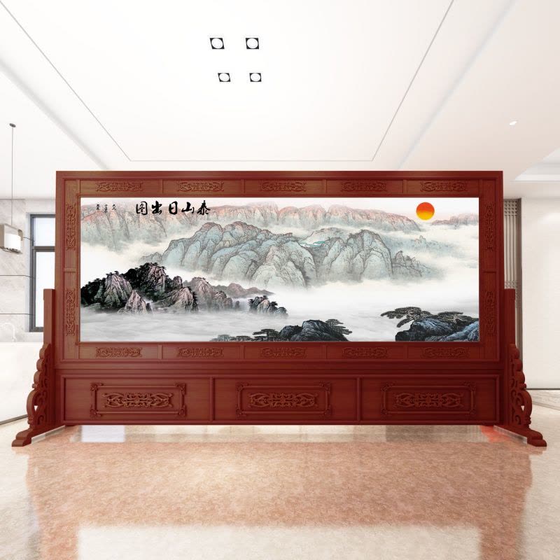 新中式屏风隔断花座屏闪电客酒店公司企业大厅山水字画双面玄关图片