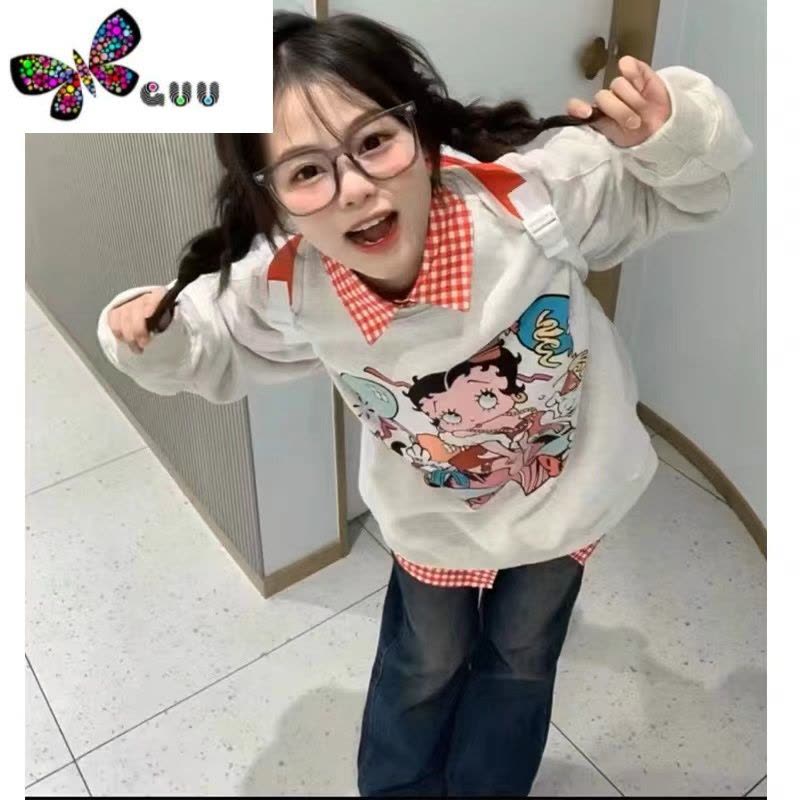 语娄国潮牌复古贝蒂小姐卫衣女宽松hiphop小众银狐绒长袖上衣图片