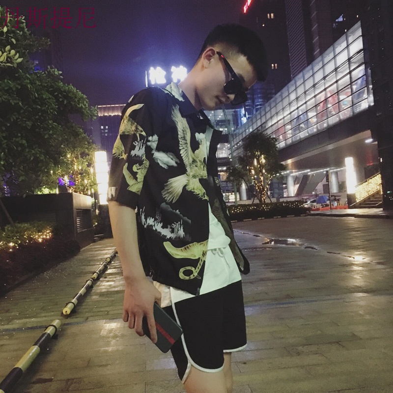 夏季衬衫男短袖碎花韩版修身个性印花五分袖寸衫休闲中袖衬衣潮流