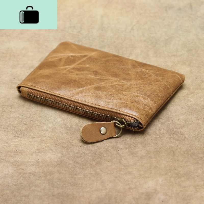 疯马皮新款零钱迷你小钱包男女牛皮手工钥匙包超薄卡包潮NEW LAKE 油蜡皮棕色