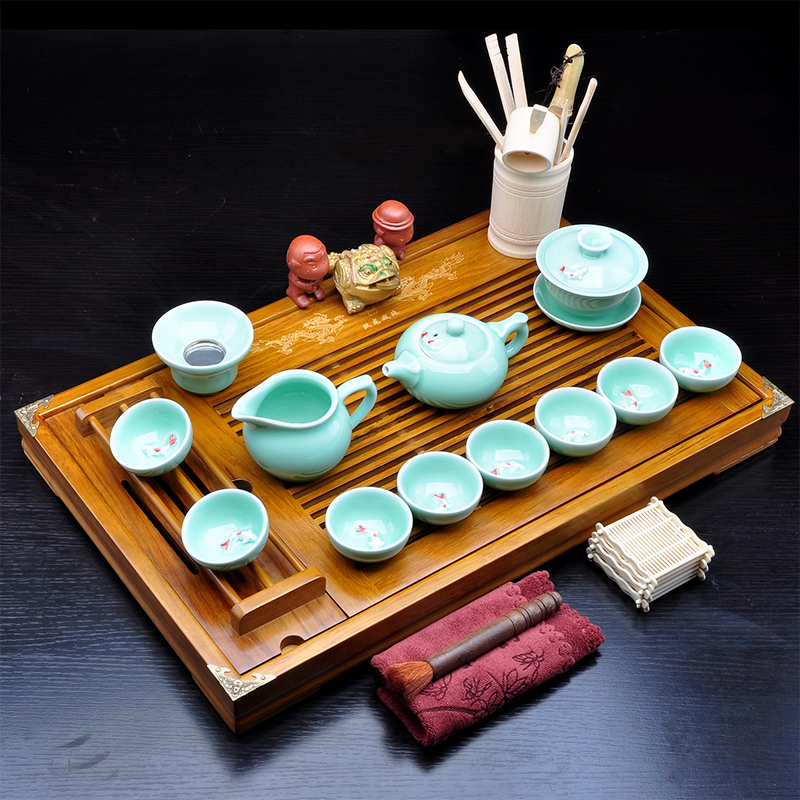 唐宏坊 双龙戏珠茶具套装 整套茶具 实木茶盘 茶具 青瓷兰鱼 整套功夫茶具套装