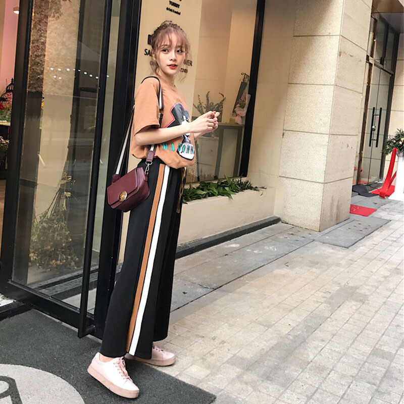 韩版运动休闲套装春夏女装短袖T恤学生打底上衣+开叉阔腿裤两件套卡其T+裤子均码