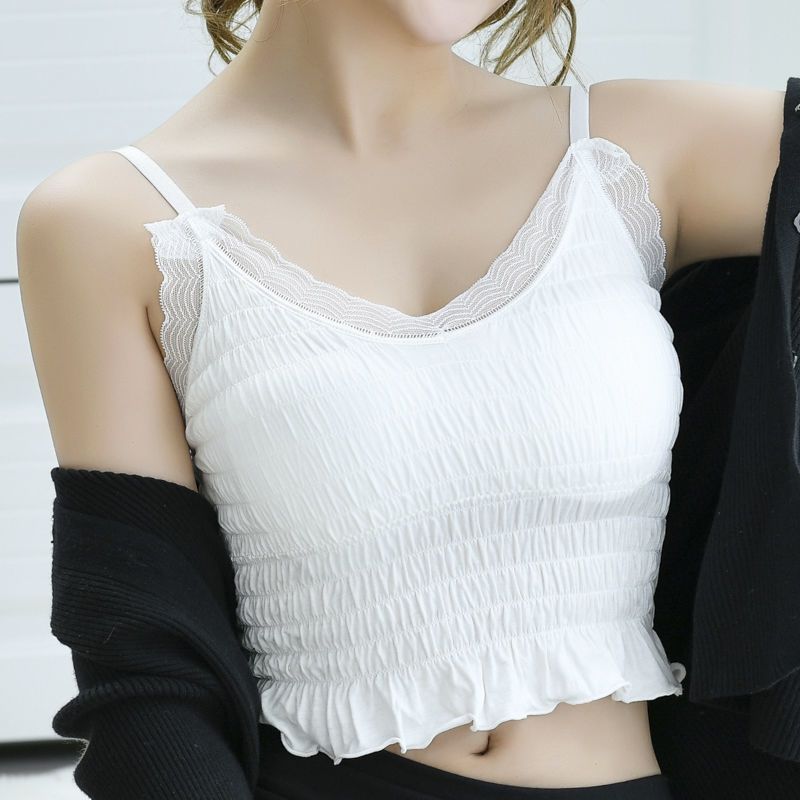白色 M 适合[75斤-90斤] 蕾丝小吊带背心女夏季外穿内搭修身性感v领带胸垫打底衫短款上衣