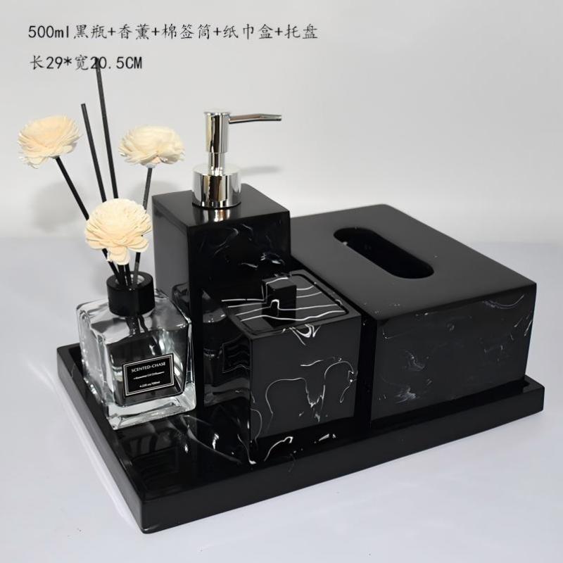 小窝厘 轻奢酒店大理石纹卫浴五件套- 黑仿500+方棉+小纸巾盒+香薰+大号平底托盘高清大图