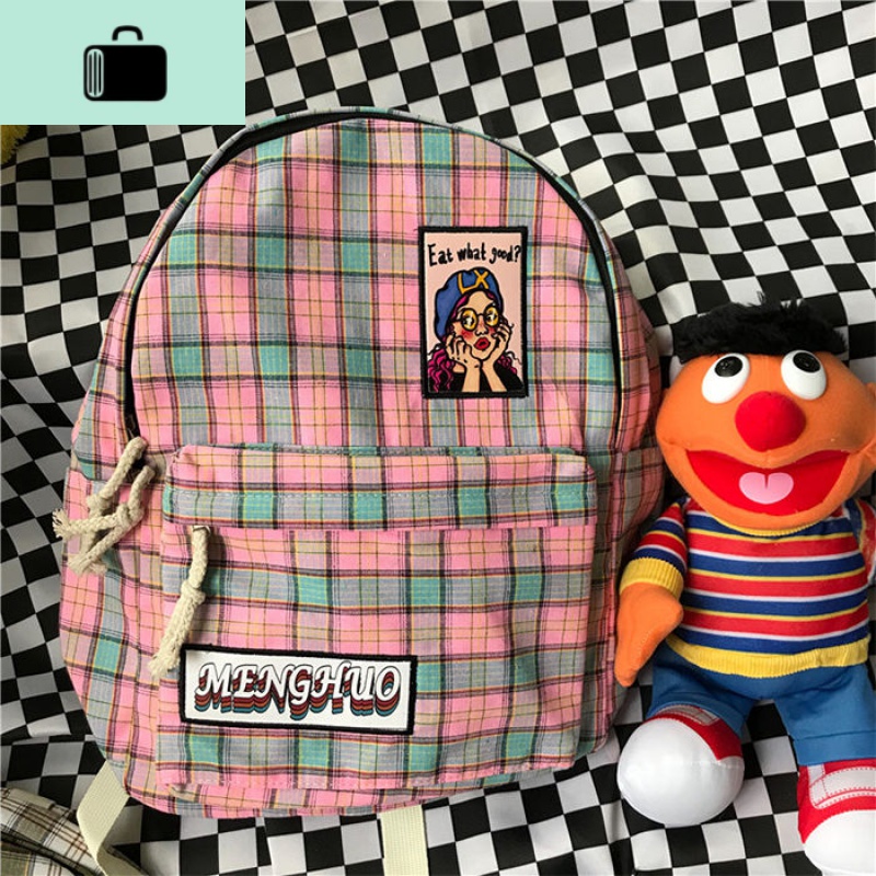 ins港风可爱格子双肩包包女书包女学生韩版校园初中生高中大容量NEW LAKE 粉色