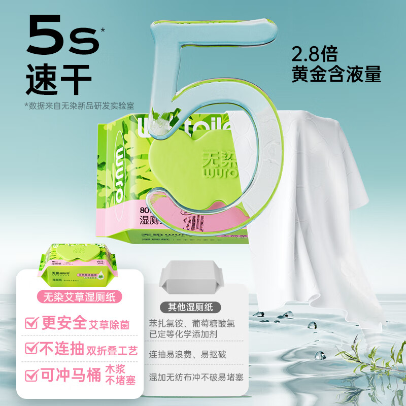 无染(wuro)湿厕纸艾草洁厕巾 80抽*3包 [送装10片]高清大图