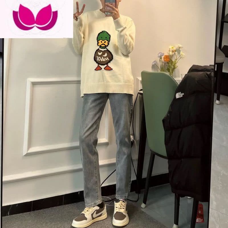 七斓2023韩版ins超火浅蓝牛仔裤男士修身直筒裤百搭潮流九分长裤图片