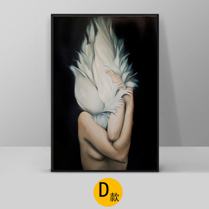 羽毛美女艺术挂画现代简约玄关装饰画 酒店壁画过道卧室有框油画 D款 40x60cm