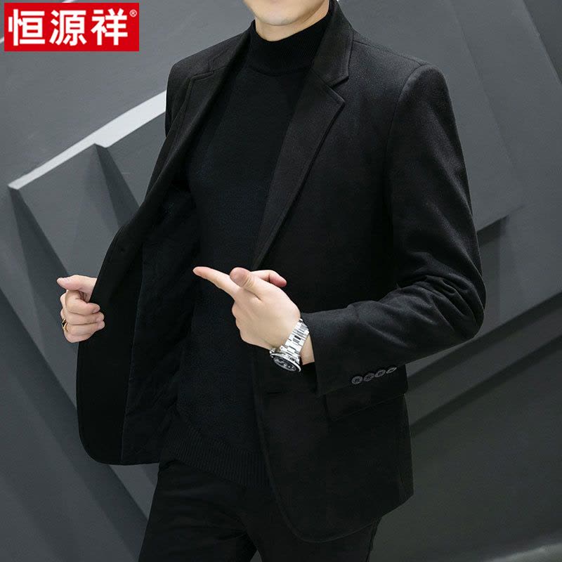 恒源祥男士毛呢西服秋冬季休闲韩版商务修身保暖加棉加厚西装外套图片
