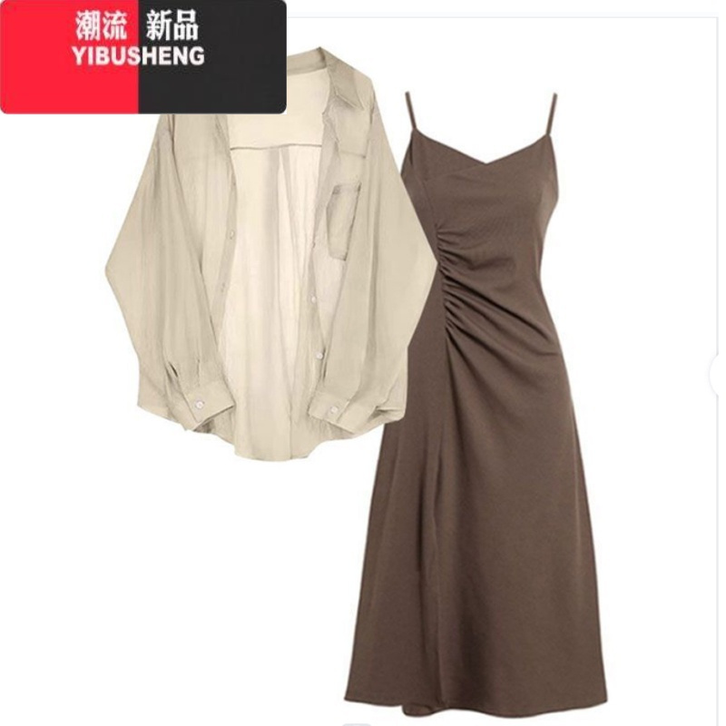 YIBUSHENGchic上衣甜辣套装新款时尚女装穿搭衬衫显瘦吊带裙连衣裙两件套