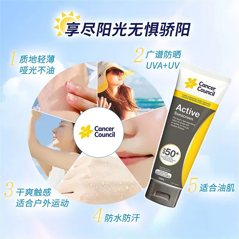CancerCouncil面部身体防晒霜SPF50+户外运动活力清爽学生军训防晒乳110ml高清大图