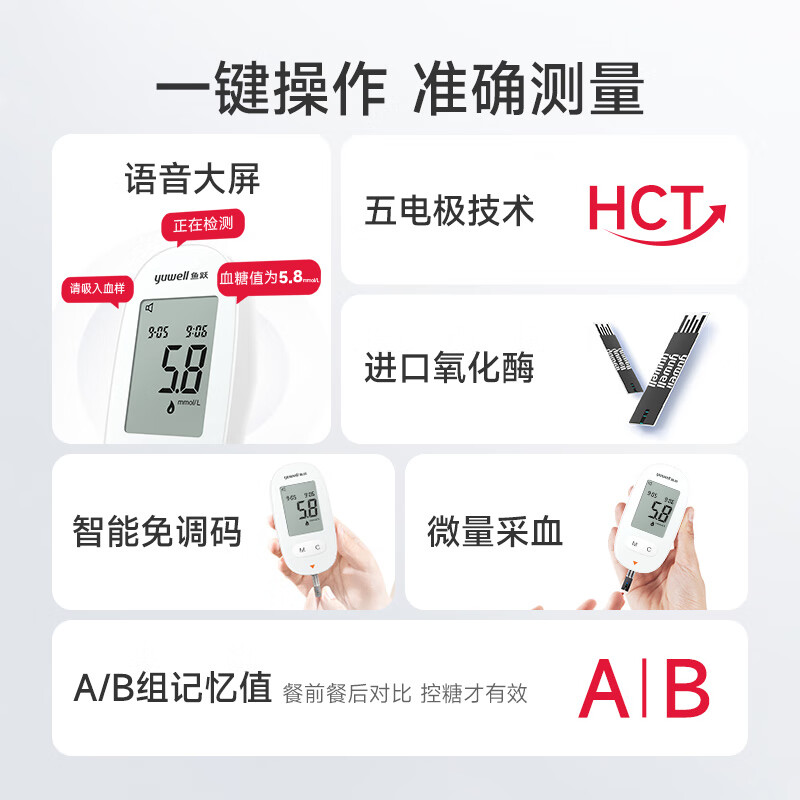 3M 鱼跃血糖仪580 家用医用型 智能语音播报 免调码糖尿病血糖测试仪(100片血糖试纸+100支采血针)高清大图