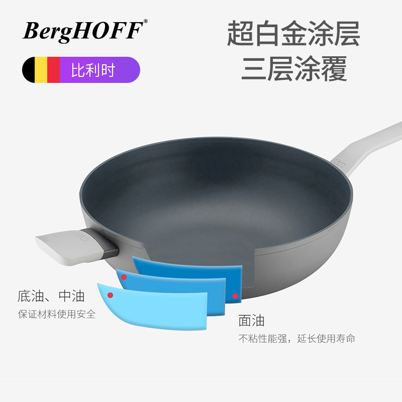 贝高福(Berghoff)锅具 Leo系列 炒锅 月球灰(BH0102002) 不粘锅 炒菜锅电磁炉燃气灶通用32cm