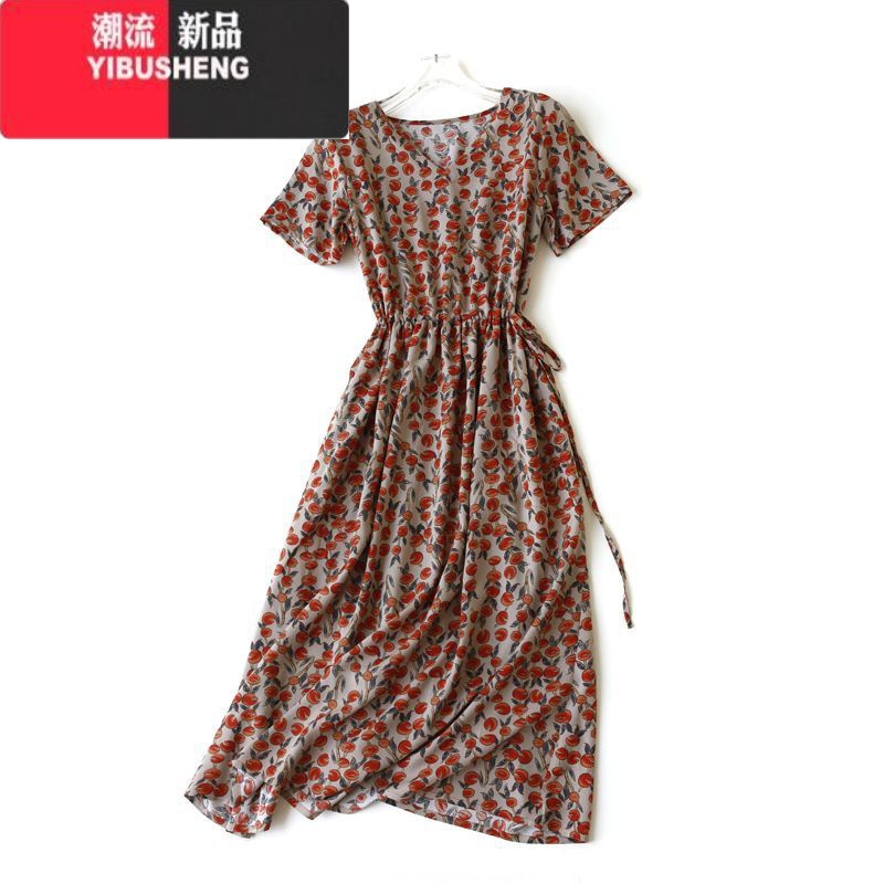 YIBUSHENG时尚棉绸连衣裙大摆裙系带收腰宽松显瘦V领绵绸长款人造棉口袋高清大图