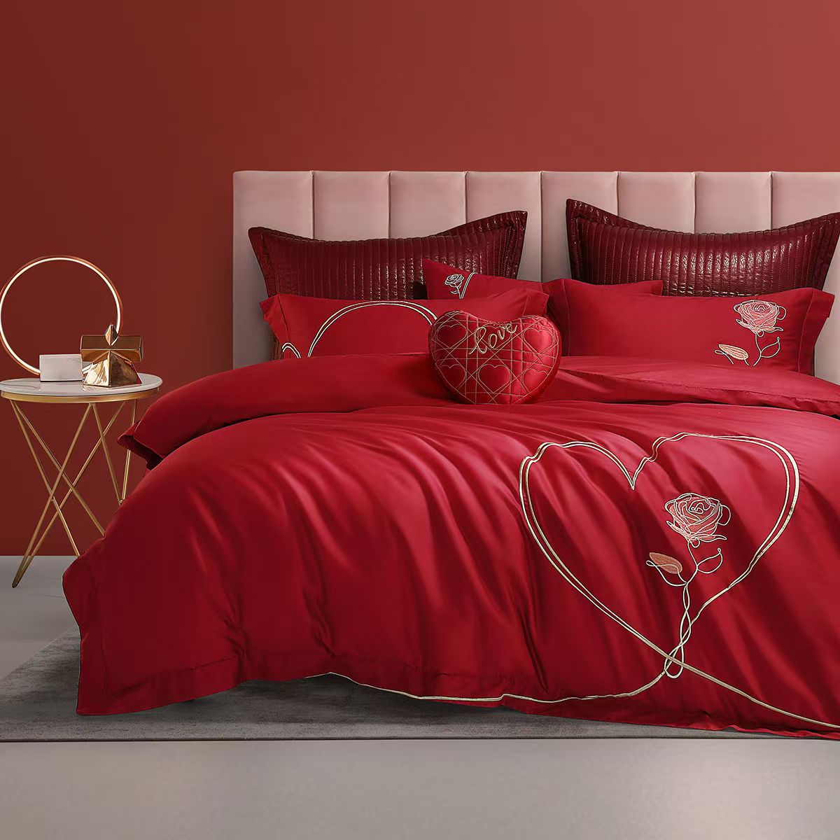水星家纺60S长绒棉婚庆四件套大红结婚套件予诺希 1.8米 220x240cm