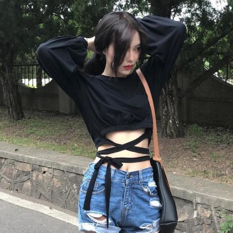 灯笼袖短款性感漏肚脐收腰绑带跳舞长袖T恤女韩舞宽松露脐上衣白色均码