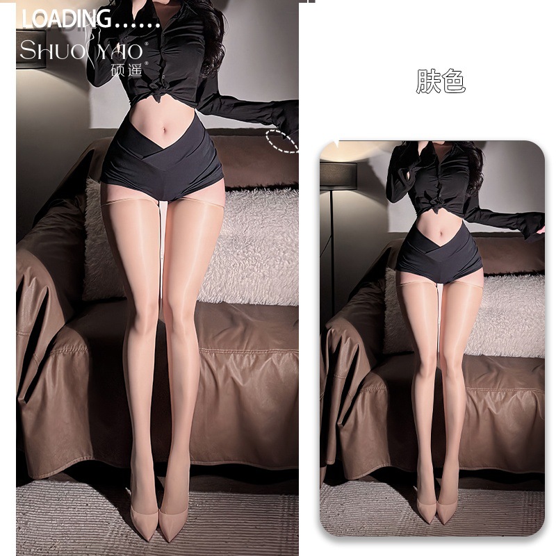 无边马油光丝袜美腿显瘦女超薄长筒袜情调黑丝油亮大腿过膝袜A79 肤色