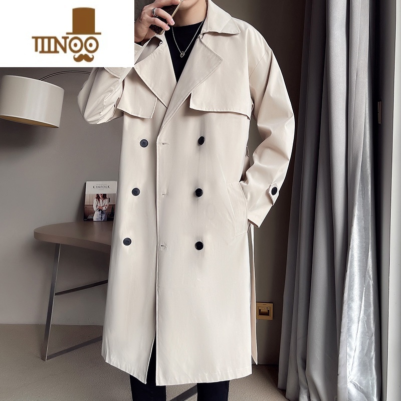 YANXU双排扣大衣男士特宽松潮流加长过膝行政外套秋季米白色中长款风衣高清大图